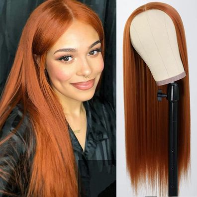 Porsmeer Damen Auburn Lang Glatt Perücke, Orange, Mittelscheitel