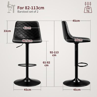 Stoolink Barhocker 2er Set, höhenverstellbar, 360° drehbar, mit Lehne aus