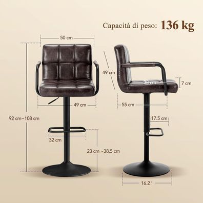 Ckaff Barhocker 2er Set, höhenverstellbar, 360° drehbar, PU-Leder, mit