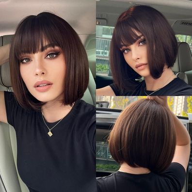 Haircube Bob Perücke mit Pony, kurze, natürliche, hitzebeständige Kunstfaser