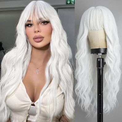 Porsmeer Damen Perücke Lang Gewellt Weiß mit Pony, Synthetik Hitzebeständig