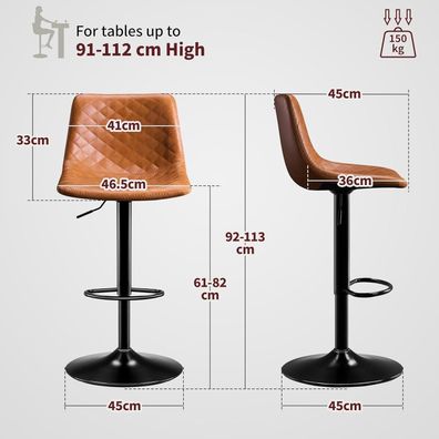 Stoolink Barhocker 2er Set, höhenverstellbar, 360° drehbar, Mikrofaser-Leder