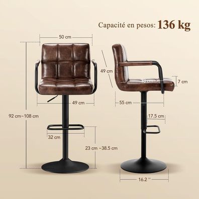 Ckaff Barhocker 4er Set, höhenverstellbar aus PU-Leder, mit Armlehnen