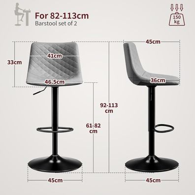 Stoolink Barhocker 2er Set, höhenverstellbar, drehbar, mit Armlehne und Lehne