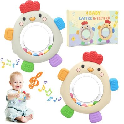 2er Pack Baby Beissring mit Rassel - Silikon Beissspielzeug BPA-frei, Sensorik