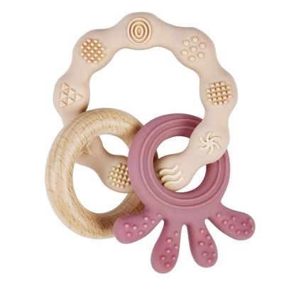 Vicloon Baby Beißring Krake Dunkelpink - Silikon & Holz, BPA-frei, ab 3 Monaten