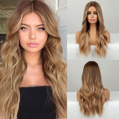 Haircube Lange Blonde Ombre Perücke für Damen - Gewellt, Lockig, Mittelteil