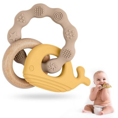 Vicloon Beißring Baby aus Silikon & Holz, BPA-frei, Waltierform, Zahnungshilfe