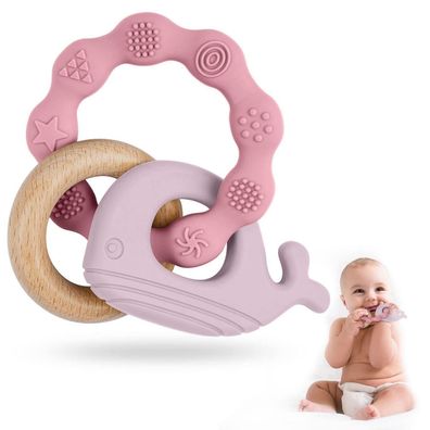 Vicloon Beißring Baby aus Silikon & Holz, Waltierform, BPA-frei, für Babys ab 3