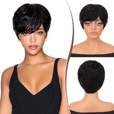 RUWISS Pixie Cut Echthaarperücke für Schwarze Frauen, kurze Perücke mit Pony