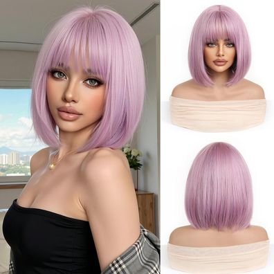 Esmee Kurze Bob Perücke Rosa Lila mit Pony, schulterlang, synthetisch, Cosplay