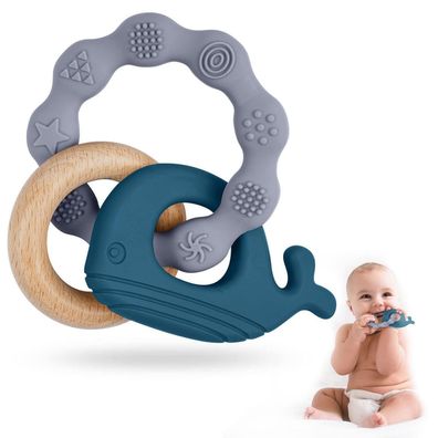 Vicloon Beißring Baby aus Silikon & Holz, BPA-frei, Waltierform, Zahnungshilfe