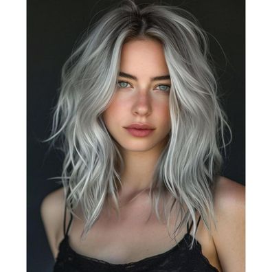 Porsmeer Grau Kurzer Bob Perücke Gewellt Lockig Synthetik Lace Mittelteil für