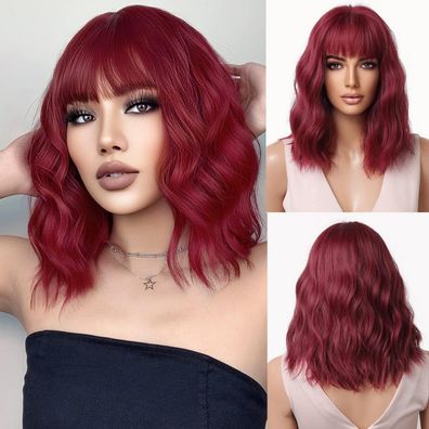 Esmee Kurze Bob Perücke mit Pony, Schulterlänge, gewellt, rot/burgund