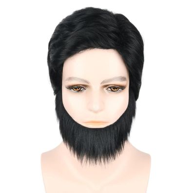 Herren Schwarze Kurze Lockige Perücke mit Bart - Halloween Kostüm