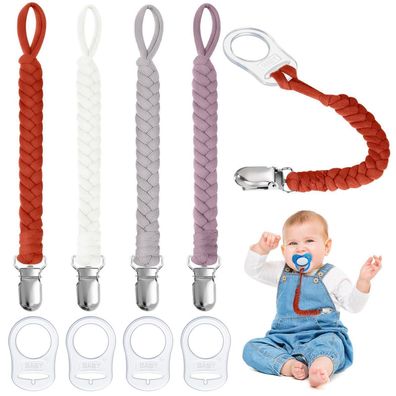 Aolso Schnullerketten Baumwolle, 4er Set Schnullerkettenclips mit