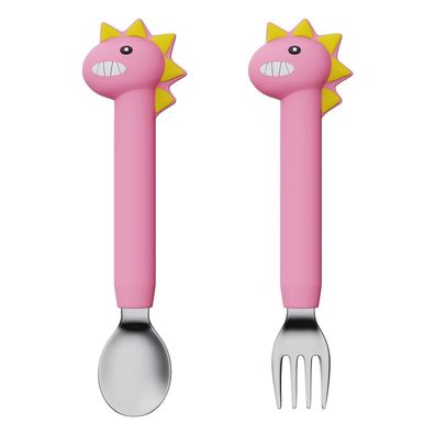 WitBicg Baby Besteckset Rosa Dinosaurier Lang - Lernlöffel und Gabel für Kinder