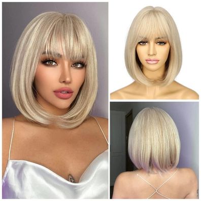 Sapphirewigs Blonde Bob Perücke mit Bangs, kurze Kunstfaser, 12 Zoll, natürlich