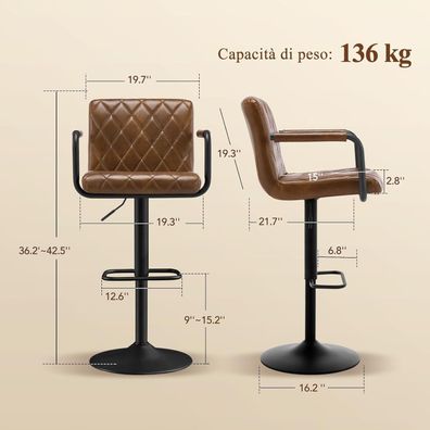 Ckaff Barhocker 2er Set Gelbbraun, höhenverstellbar, drehbar, mit Armlehnen und