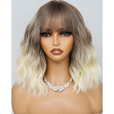 Minglong Kurze gewellte Bob-Perücke mit Pony, schulterlang, braun-blond