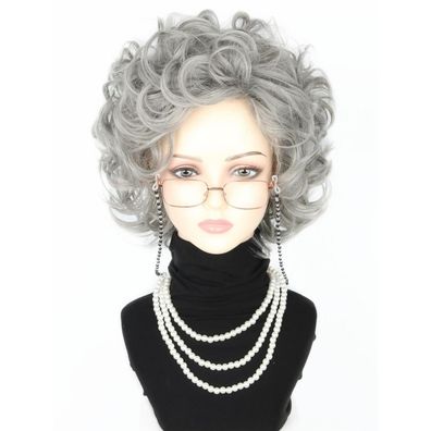 Graue Oma Perücke Set für Damen - Halloween, Kostüm & Cosplay mit Brille und
