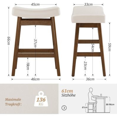 LUE BONA Barhocker 2er Set, 61 cm Hoch, Kunstleder Sitzfläche, Holzbeine
