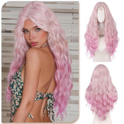 Sofeiyan Gewellte Damen Perücke, 70 cm, Rosa Farbverlauf, Mittelscheitel
