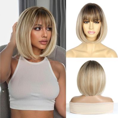 Sapphirewigs Blonde Bob Perücke mit Pony, 30,5 cm, Kunstfaser, für Damen