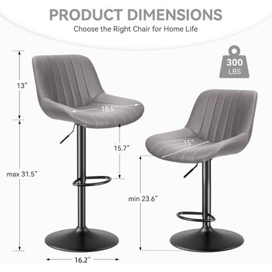 Hawthyhome Barhocker 2er Set, höhenverstellbar mit Lehne, 360° drehbar