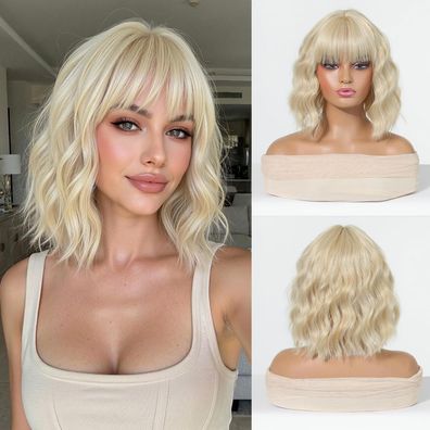 Esmee Kurze Blonde Wellige Bob-Perücke mit Pony, Schulterlang, Synthetik, 12