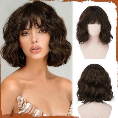 Sofeiyan Kurze Gewellte Bob Perücke mit Pony, 30 cm, Braun mit Highlights