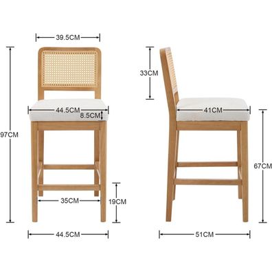 Dayalane Barhocker 2er Set mit Rattan Rückenlehne und Holzbeinen aus Leinen