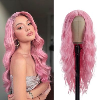 Porsmeer Lange Rosa Wellige Perücke, 66cm Mittelscheitel Lockig, Hitzebeständig