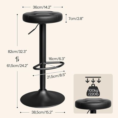 HOOBRO Barhocker 2er Set, drehbar & höhenverstellbar, gepolsterter PU-Sitz