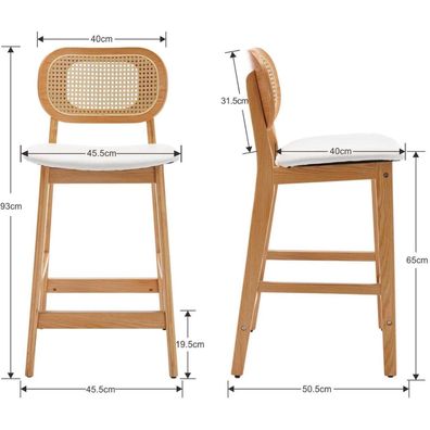 Ya-Home Barhocker 2er Set aus Holz und PU-Leder mit Rattan-Rücklehne, Weiß