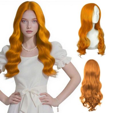 AUYAO Lange lockige Kunsthaarperücke für Damen, orange, 66cm, hitzebeständig