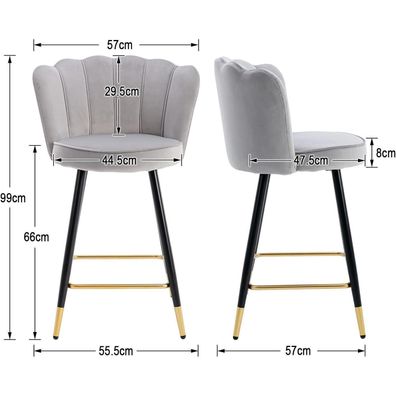 Ya-Home Samt Barhocker 2er Set Grau mit Metallbeinen, Retro Bistrohocker für