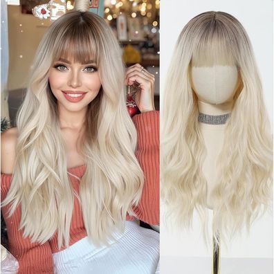 Esmee Ombre Blonde Gewellte Perücke 26 Zoll mit Pony - Synthetisches Haar für