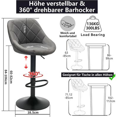 JMGJOY Barhocker 2er Set mit Lehne, gepolsterter Samtsitz, höhenverstellbar