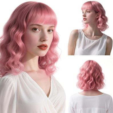 Aomig Kurze gewellte Neon-Bob-Perücke mit Pony, Rosa, 30cm, inkl. 2 Haarnetzen
