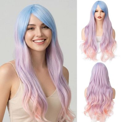 Parxitn Damen Ombré Perücke Blau Pink Lila, 70 cm lang, gewellt/lockig, mit