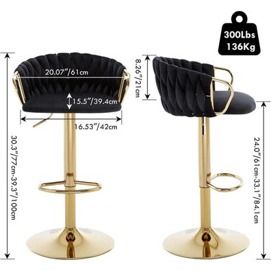 Khischmo Samt Barhocker 2er Set, höhenverstellbar, 360° drehbar, geflochtene