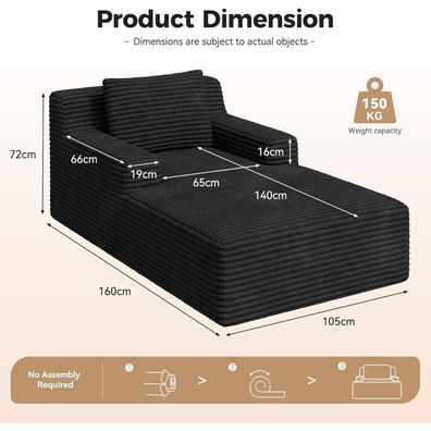 Aivermeil Boneless Couch Modernes Cord Bodensofa mit Schlaffunktion, Schwarz