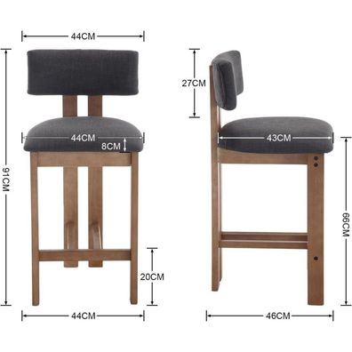 Ya-Home Barhocker 2er Set Leinen Holz gepolstert mit Lehne, Holzkohle