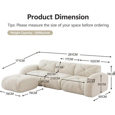 Dolamaní 3-Sitzer L-Form Modulsofa mit Hocker aus Chenille, Weiß, kein Aufbau