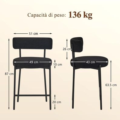 Ckaff Barhocker 2er Set, 63.5cm Sitzhöhe, gepolstert mit Rückenlehne und