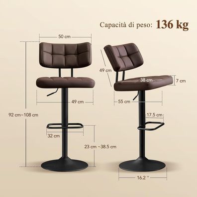 Ckaff Barhocker 2er Set, höhenverstellbar aus PU-Leder, 360° drehbar mit