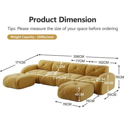 Dolamaní 4-Sitzer U-förmiges Cord-Sofa mit 2 Hockern, rahmenlos, Chenille, Gelb