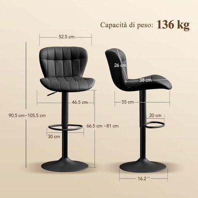 Ckaff Barhocker 2er Set, höhenverstellbar aus PU-Leder, 360° drehbar, mit