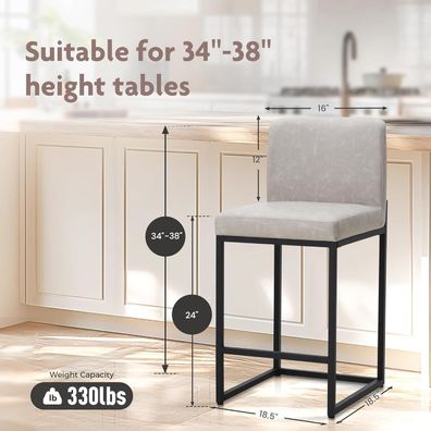 ALPHA HOME Barhocker 2er Set mit Lehne und Fußstütze, PU-Leder, Beige